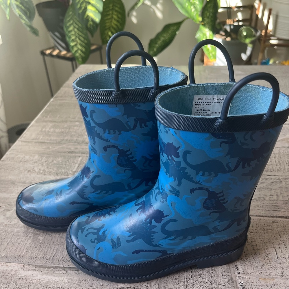 Kids Blue Dinosaur Rain Boots